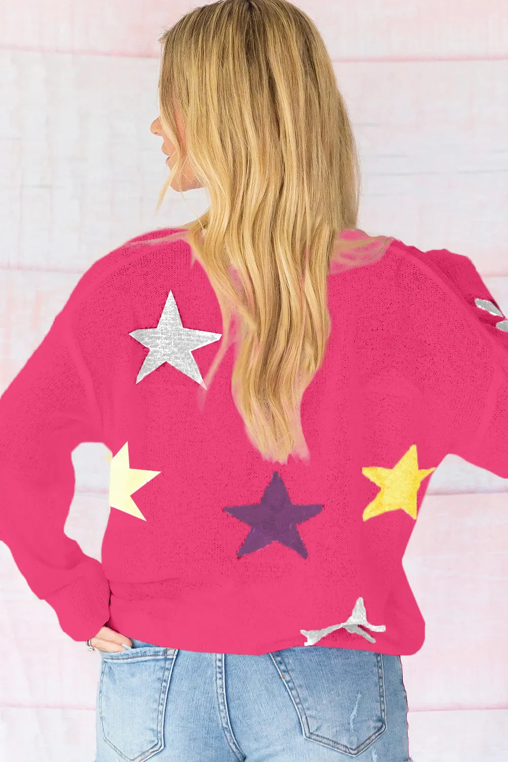 Dark Pink Colorful Star Pattern Loose Sweater