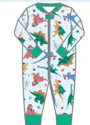 Dino Christmas Zipper Footie Pajamas