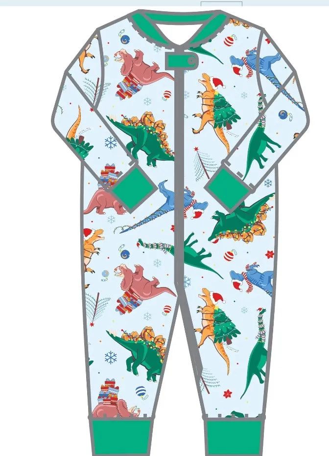 Dino Christmas Zipper Footie Pajamas