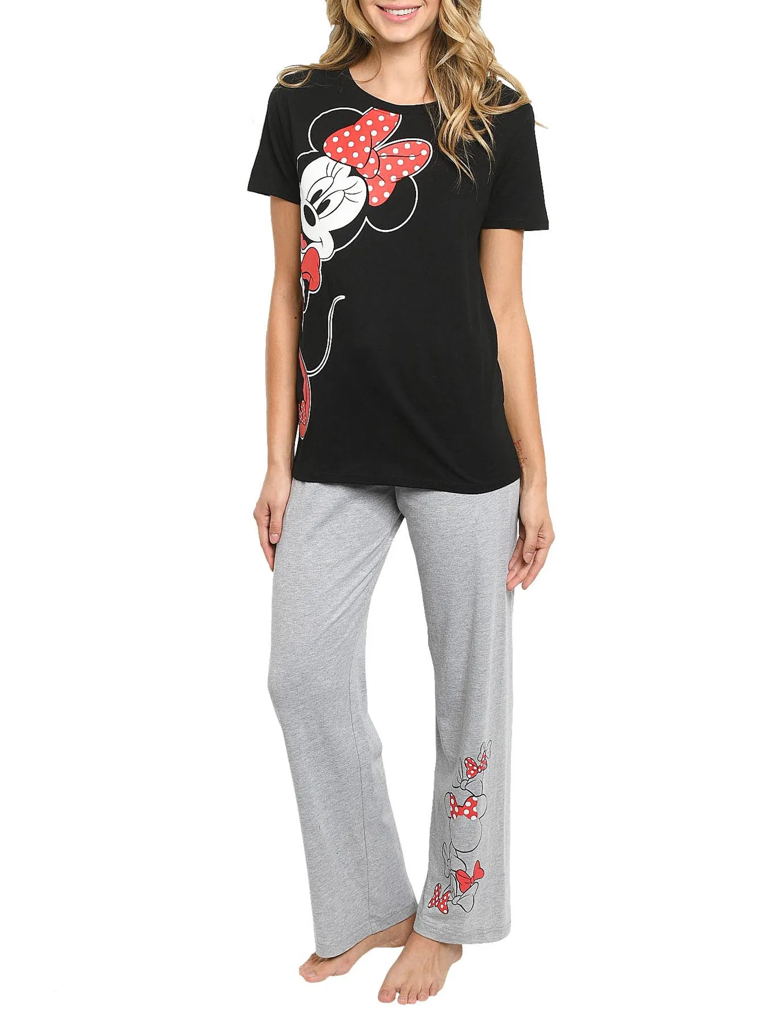 Disney Women's Minnie Mouse Leaning Bows Lounge Pajamas Gray 2 Piece Set