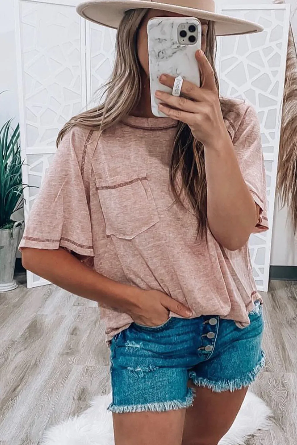 Dusty Pink Exposed Seam Detail Loose T-shirt