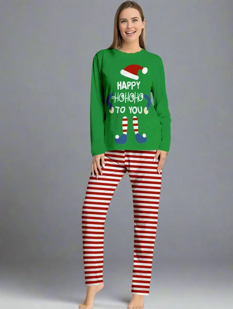 Family Matching Christmas Pajamas - "Happy Ho Ho Ho To You" Elf Design with Striped Pants