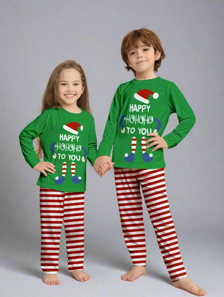 Family Matching Christmas Pajamas - "Happy Ho Ho Ho To You" Elf Design with Striped Pants