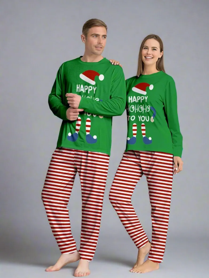 Family Matching Christmas Pajamas - "Happy Ho Ho Ho To You" Elf Design with Striped Pants