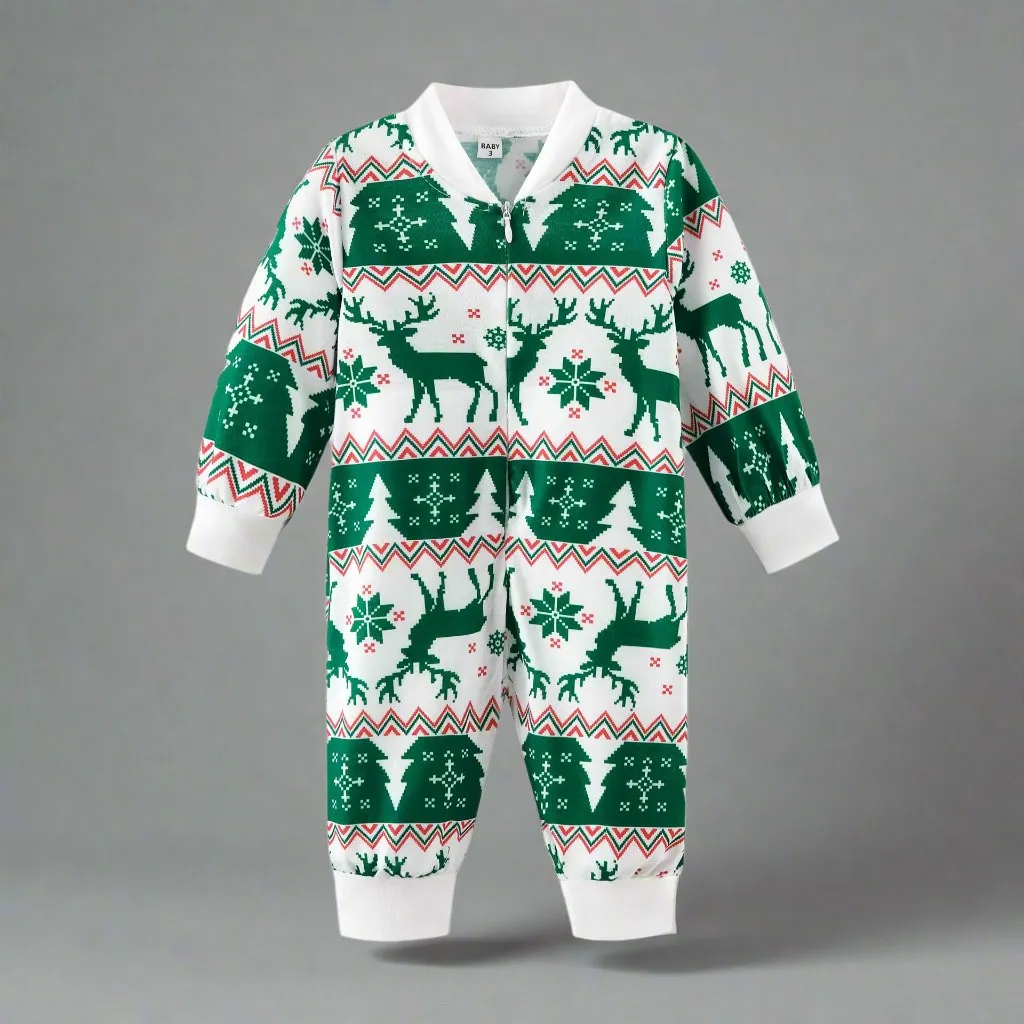 Family Matching Christmas Pajamas Set - Green & White Reindeer Fair Isle Print