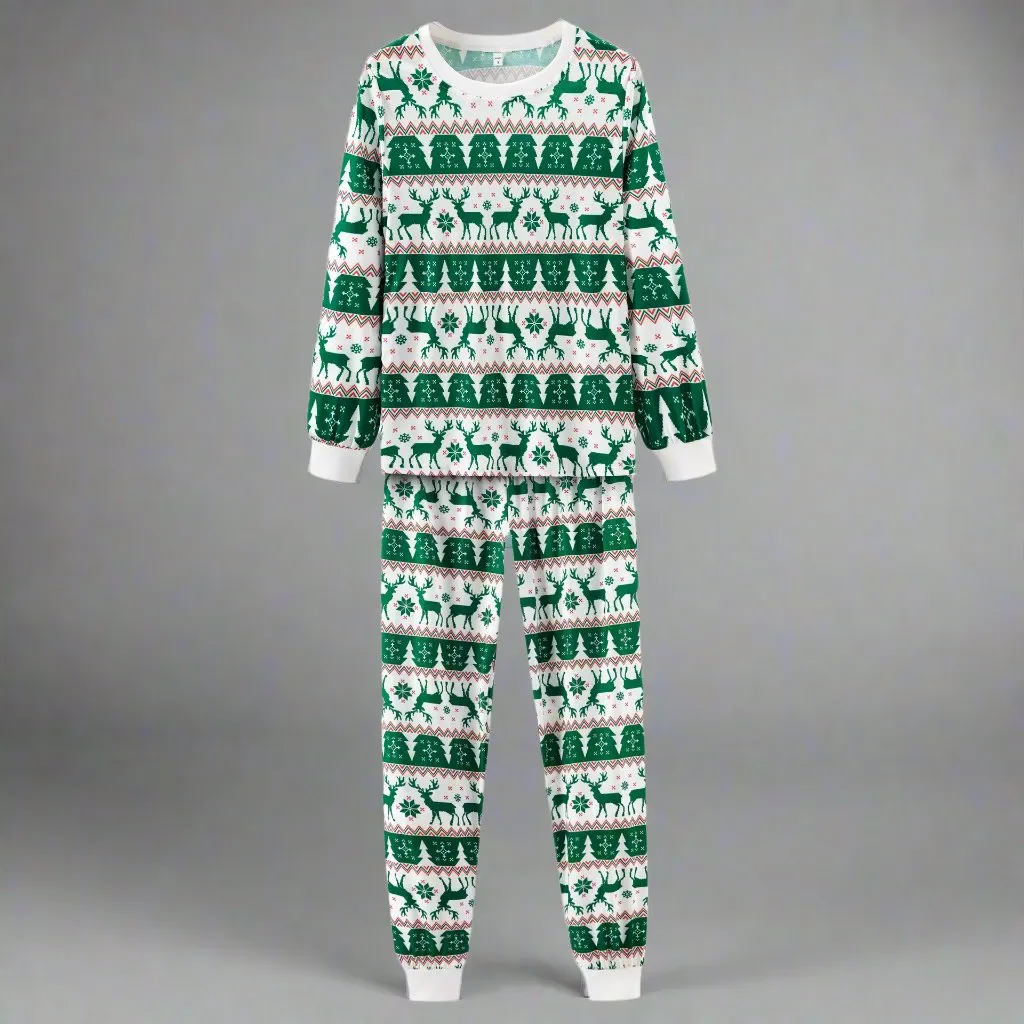 Family Matching Christmas Pajamas Set - Green & White Reindeer Fair Isle Print