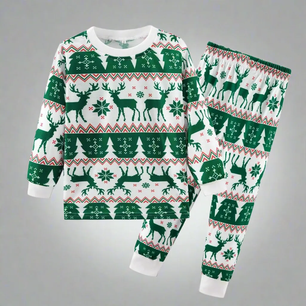 Family Matching Christmas Pajamas Set - Green & White Reindeer Fair Isle Print