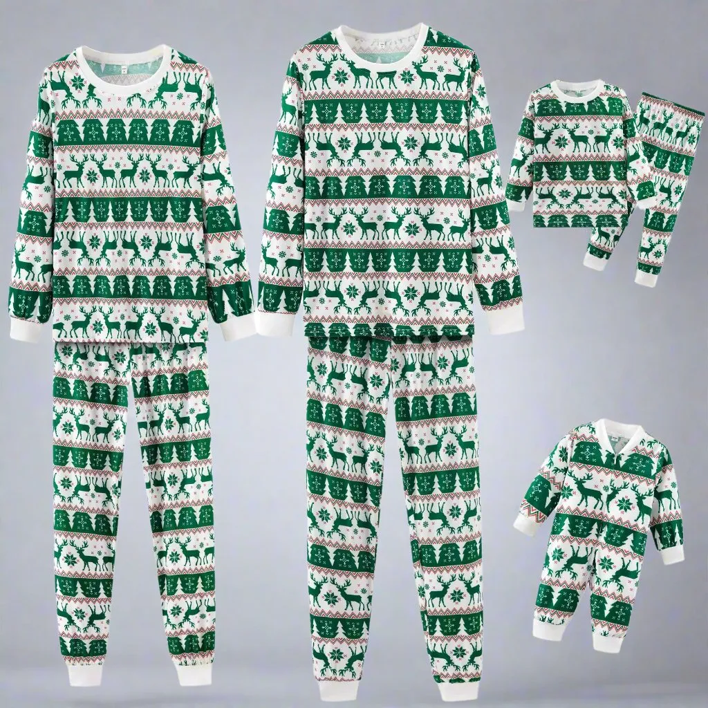 Family Matching Christmas Pajamas Set - Green & White Reindeer Fair Isle Print