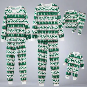 Family Matching Christmas Pajamas Set - Green & White Reindeer Fair Isle Print
