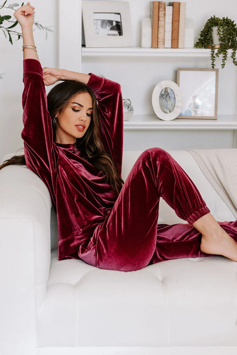 Fiery Red Solid Velvet 2 Piece Lounge Set