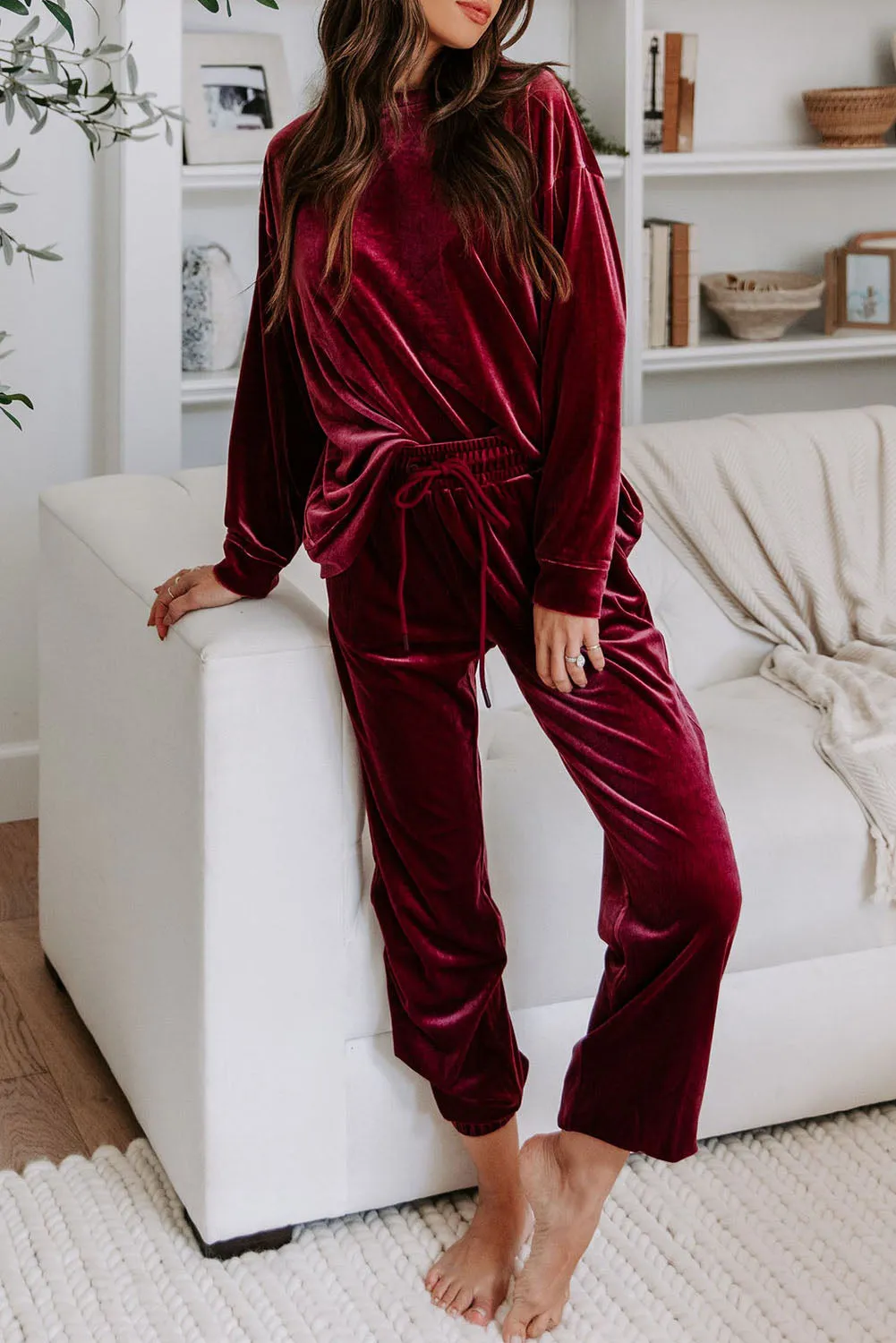 Fiery Red Solid Velvet 2 Piece Lounge Set
