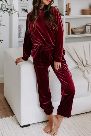 Fiery Red Solid Velvet 2 Piece Lounge Set