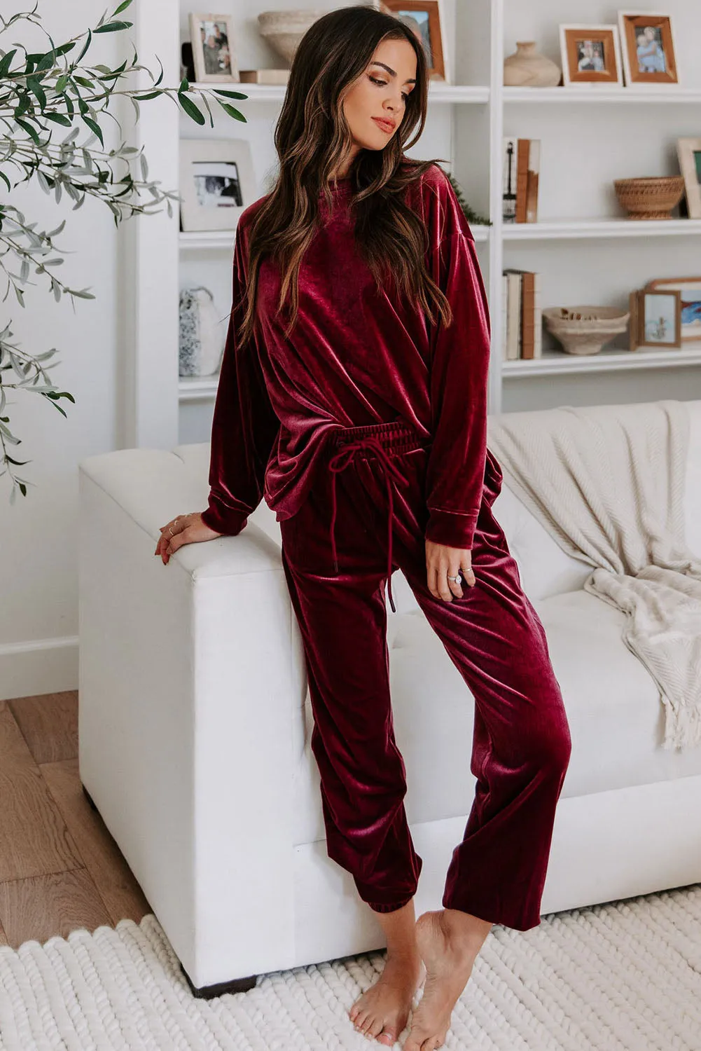 Fiery Red Solid Velvet 2 Piece Lounge Set