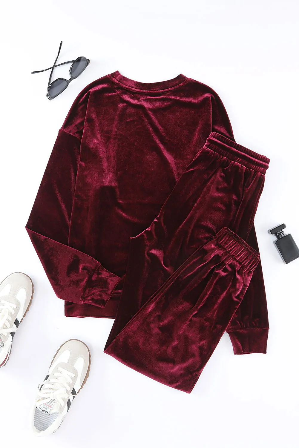 Fiery Red Solid Velvet 2 Piece Lounge Set