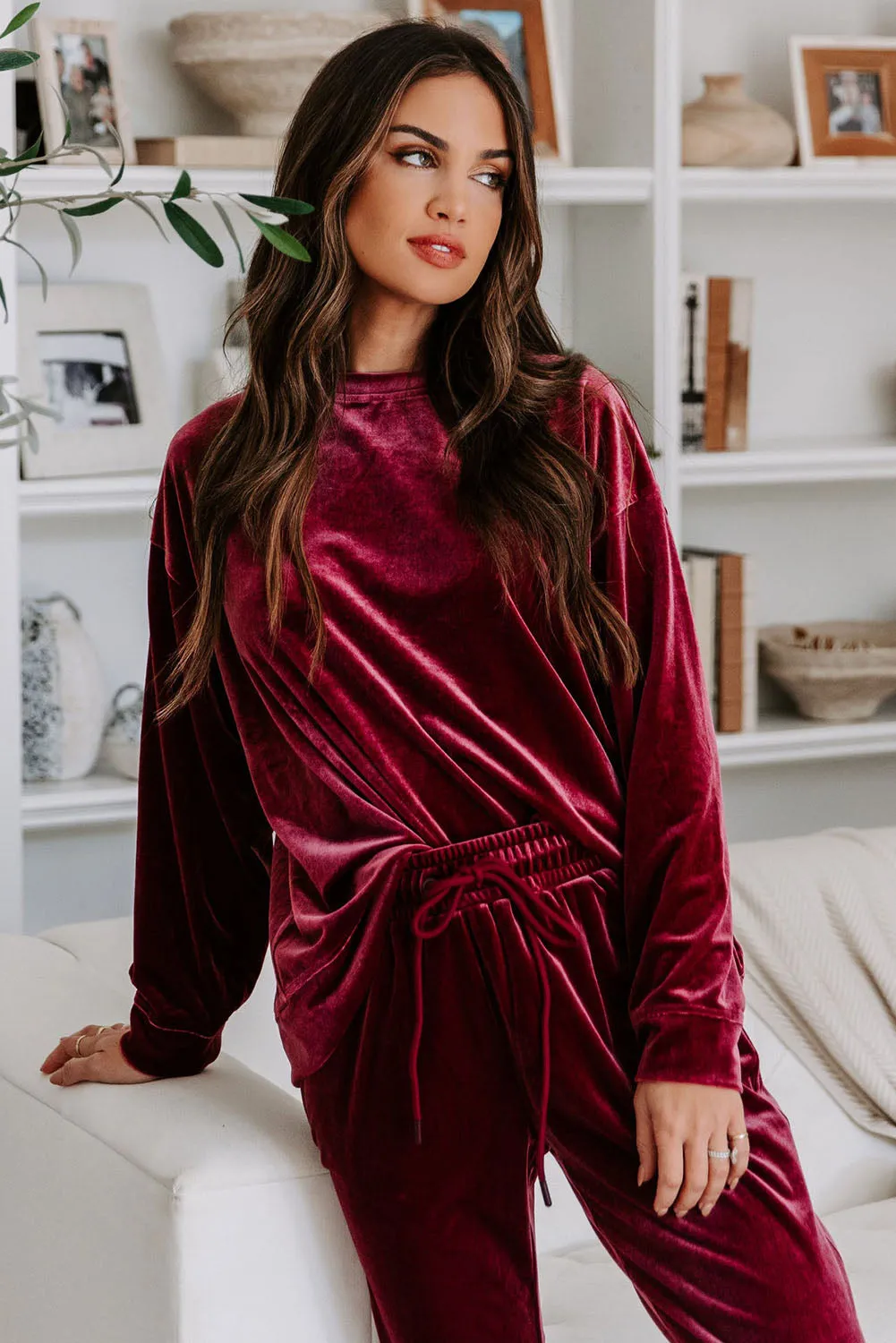 Fiery Red Solid Velvet 2 Piece Lounge Set