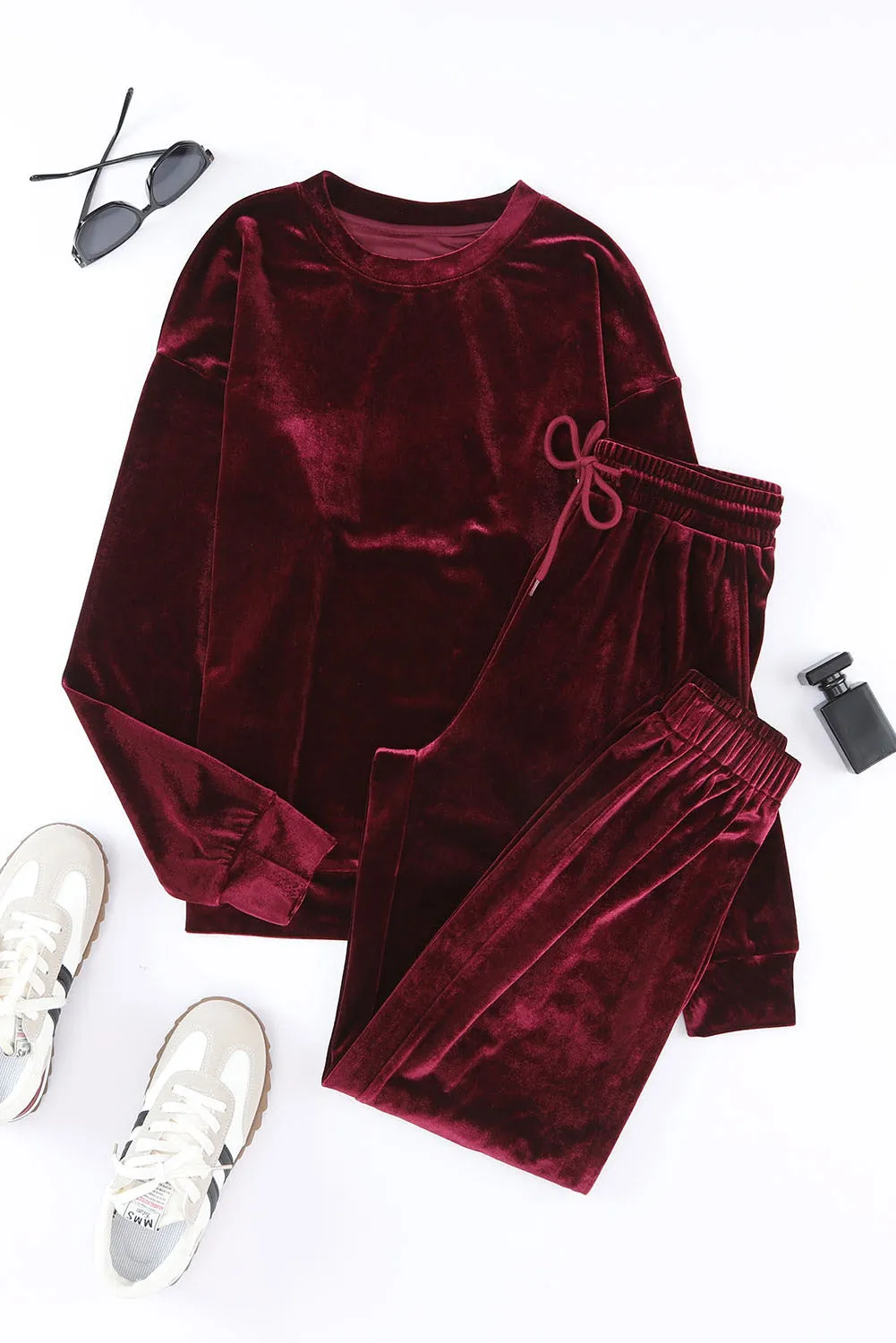 Fiery Red Solid Velvet 2 Piece Lounge Set