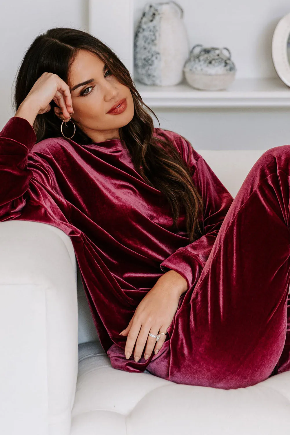 Fiery Red Solid Velvet 2 Piece Lounge Set