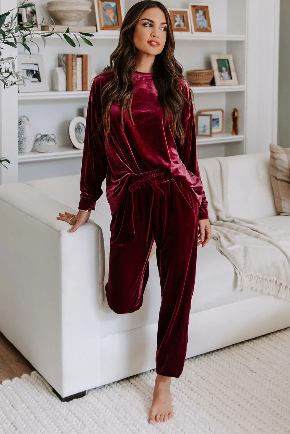Fiery Red Solid Velvet 2 Piece Lounge Set