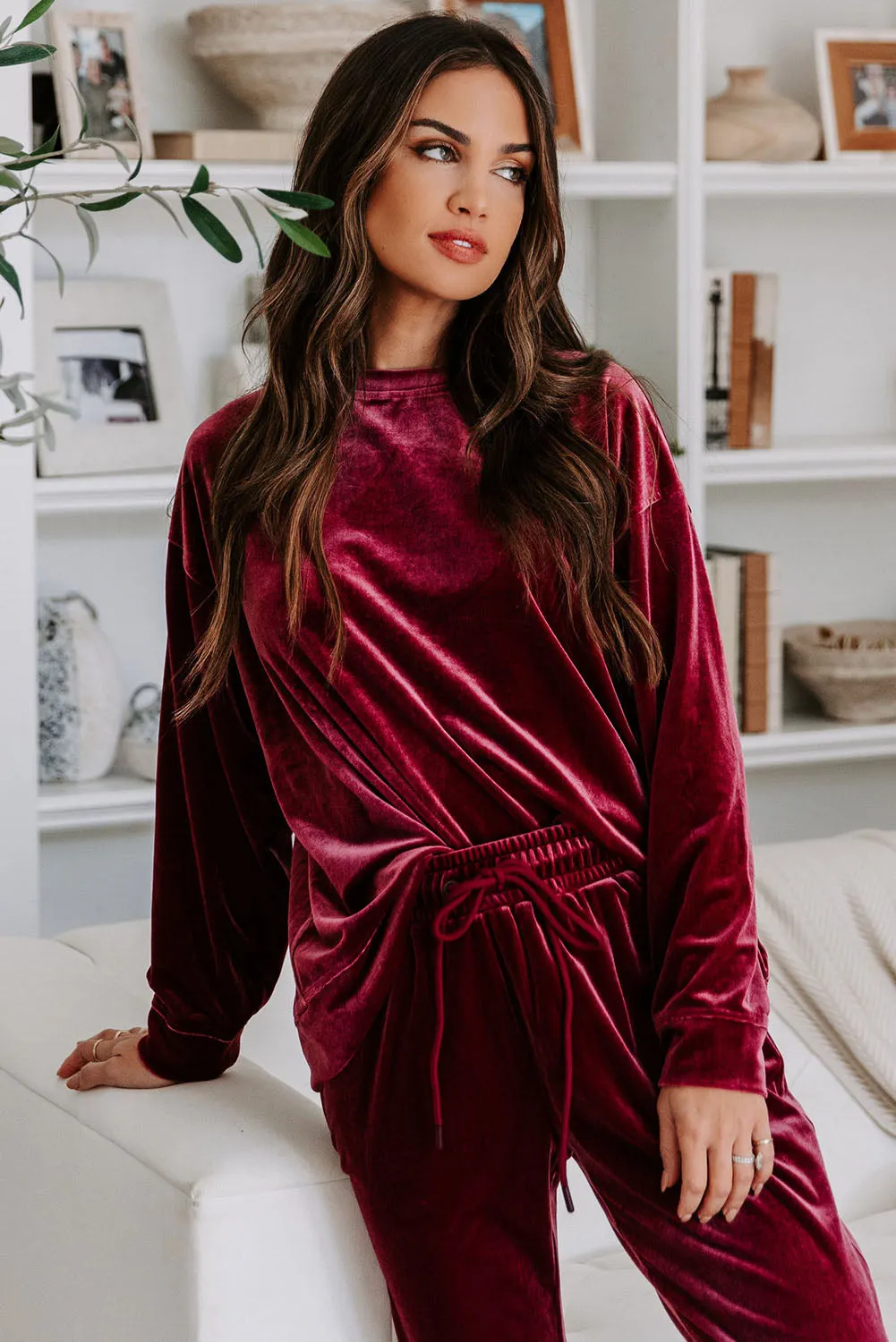 Fiery Red Solid Velvet 2 Piece Lounge Set