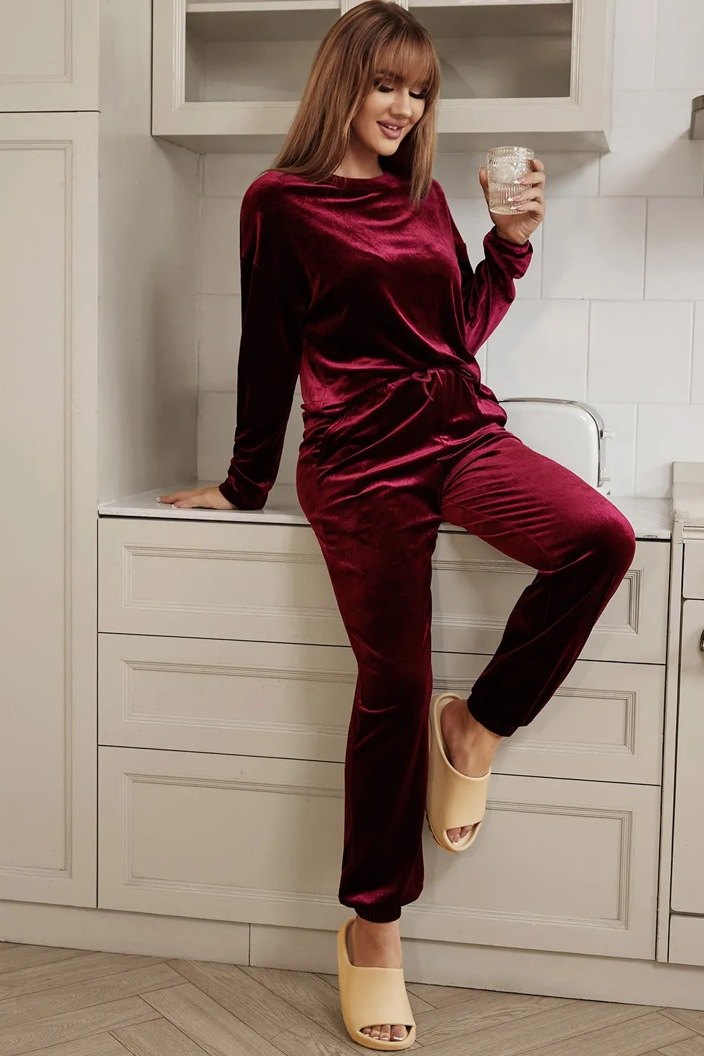Fiery Red Solid Velvet 2 Piece Lounge Set