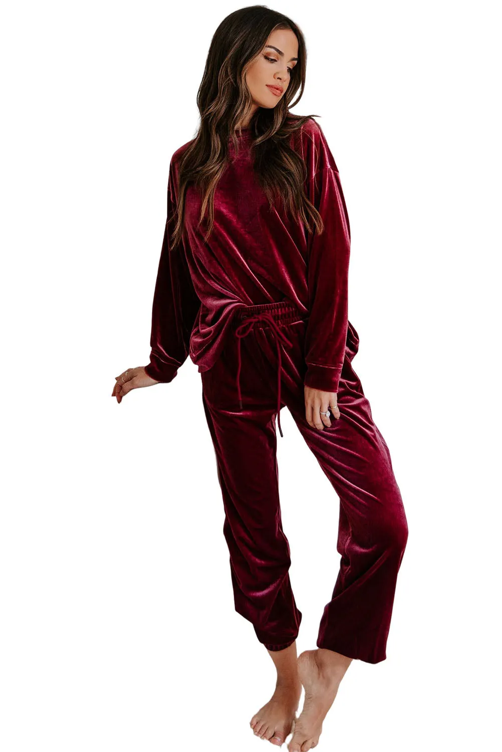 Fiery Red Solid Velvet 2 Piece Lounge Set