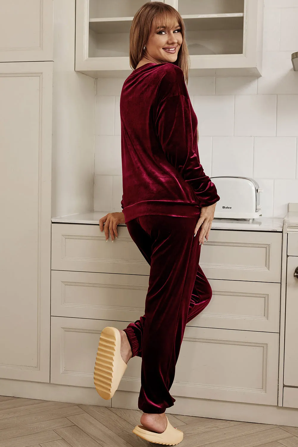Fiery Red Solid Velvet 2 Piece Lounge Set