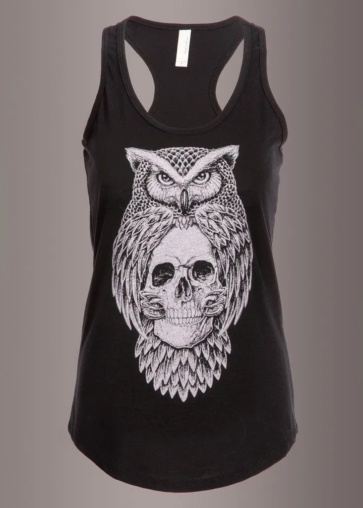 Free Spirit Skull Owl Black Loose Fit Tank Top