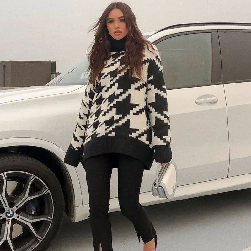 Geometric Shape Houndstooth Knit Vintage Sweater