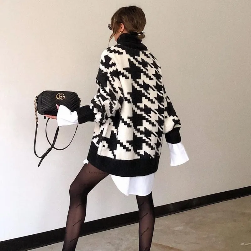 Geometric Shape Houndstooth Knit Vintage Sweater