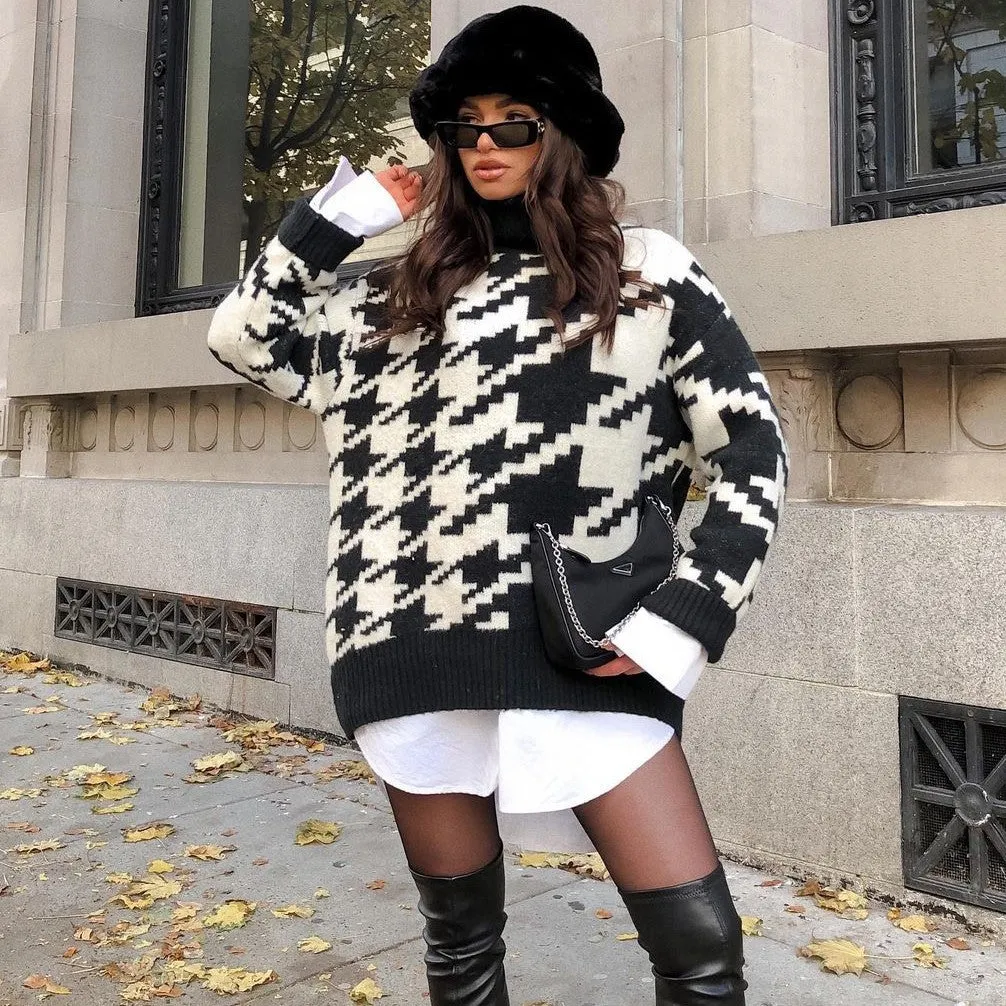 Geometric Shape Houndstooth Knit Vintage Sweater