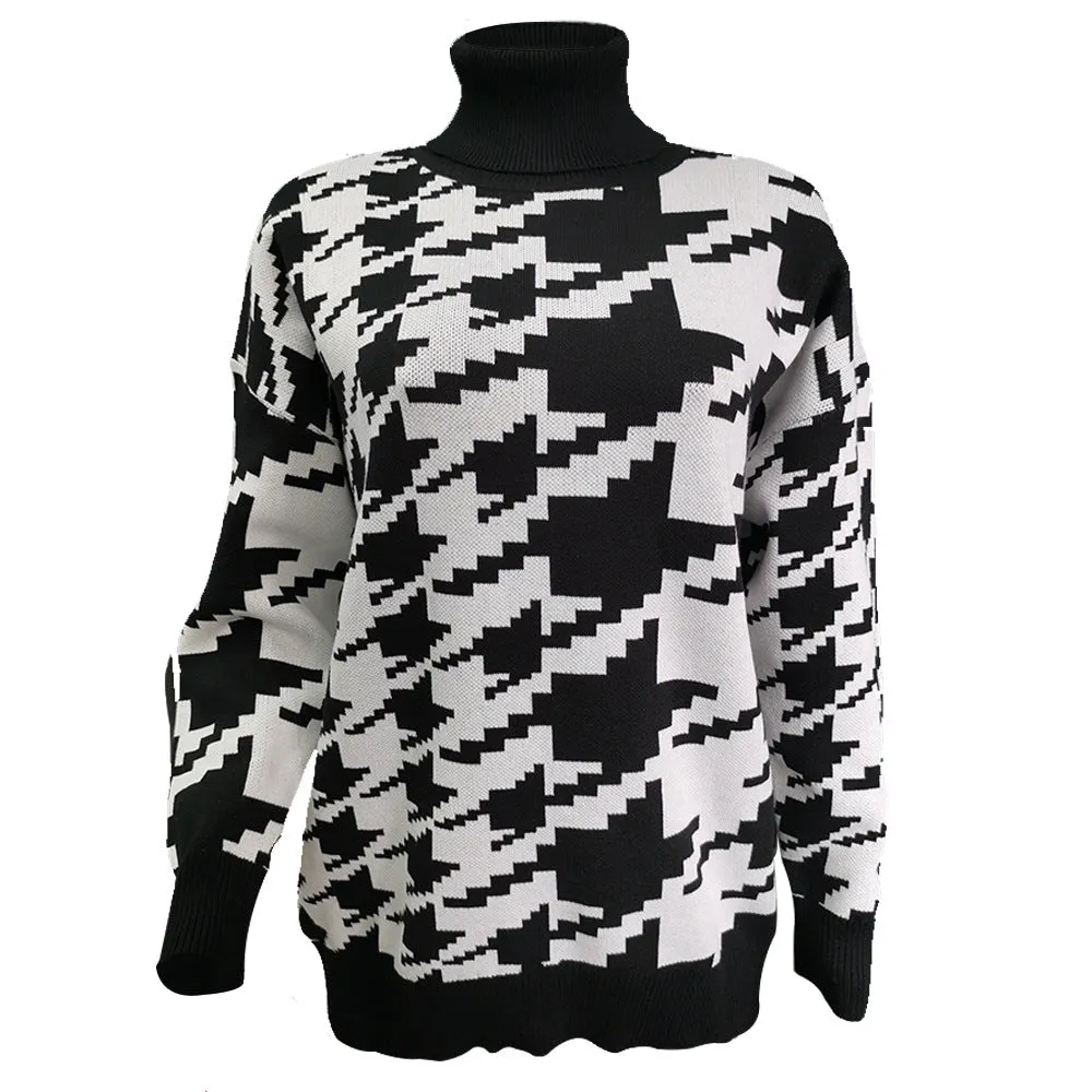 Geometric Shape Houndstooth Knit Vintage Sweater