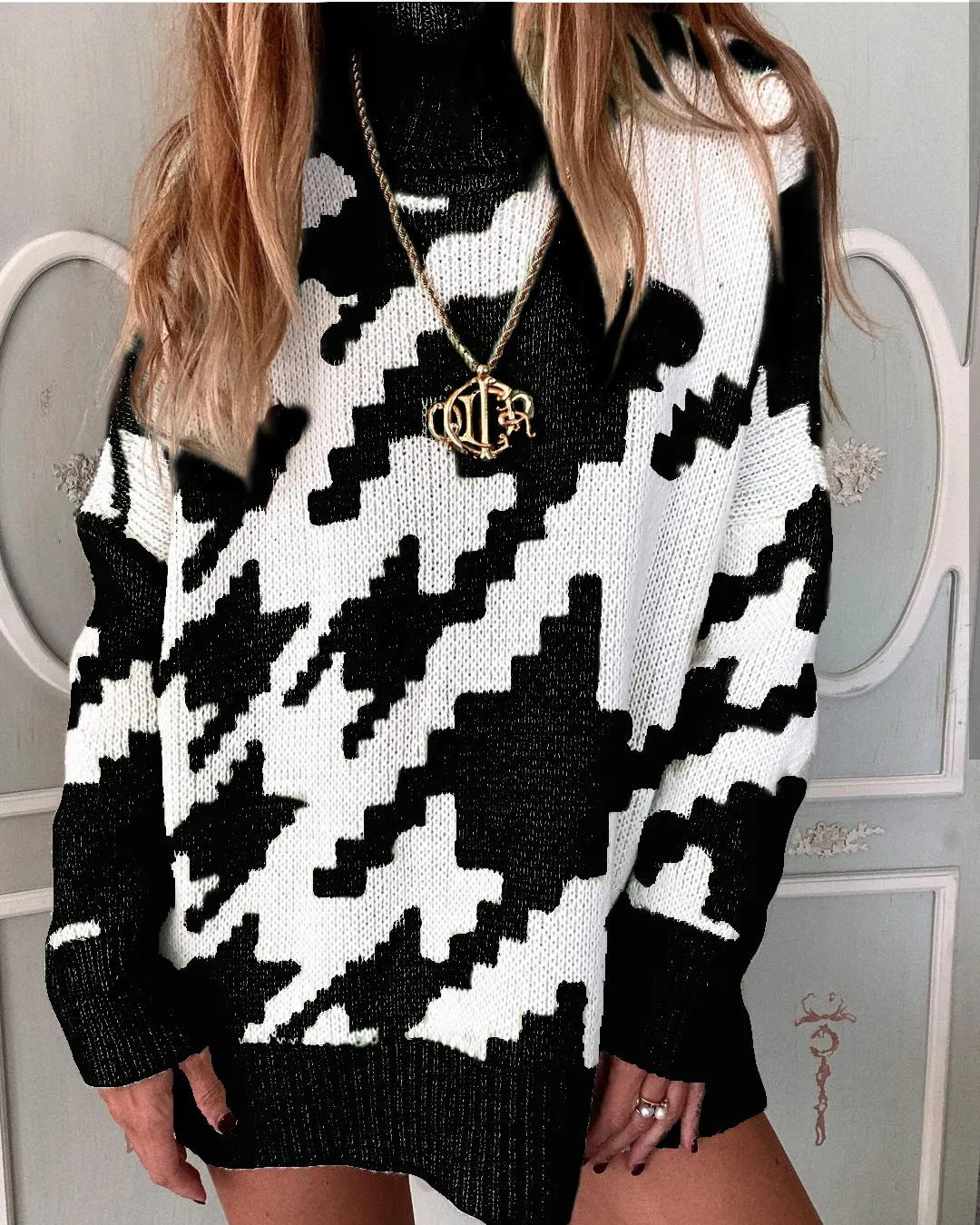 Geometric Shape Houndstooth Knit Vintage Sweater