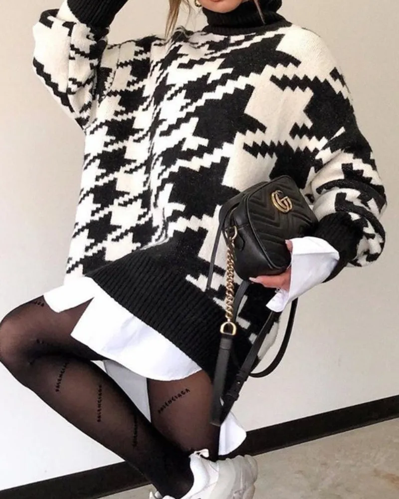 Geometric Shape Houndstooth Knit Vintage Sweater