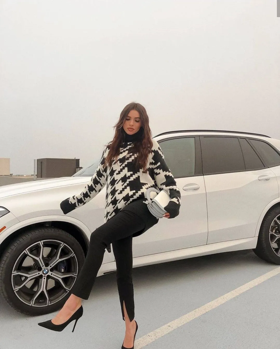 Geometric Shape Houndstooth Knit Vintage Sweater