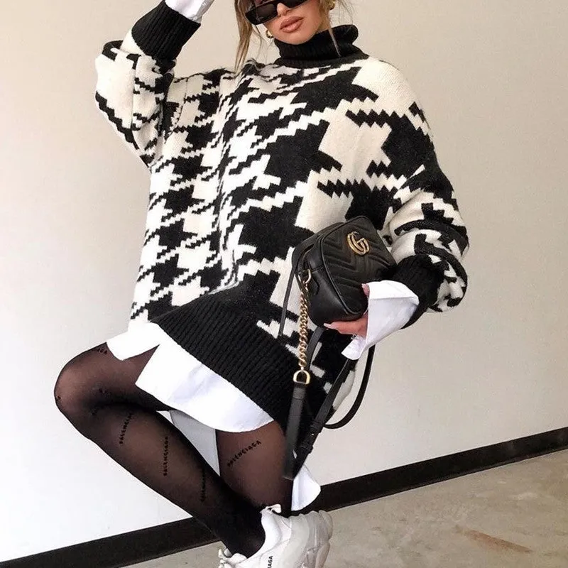 Geometric Shape Houndstooth Knit Vintage Sweater