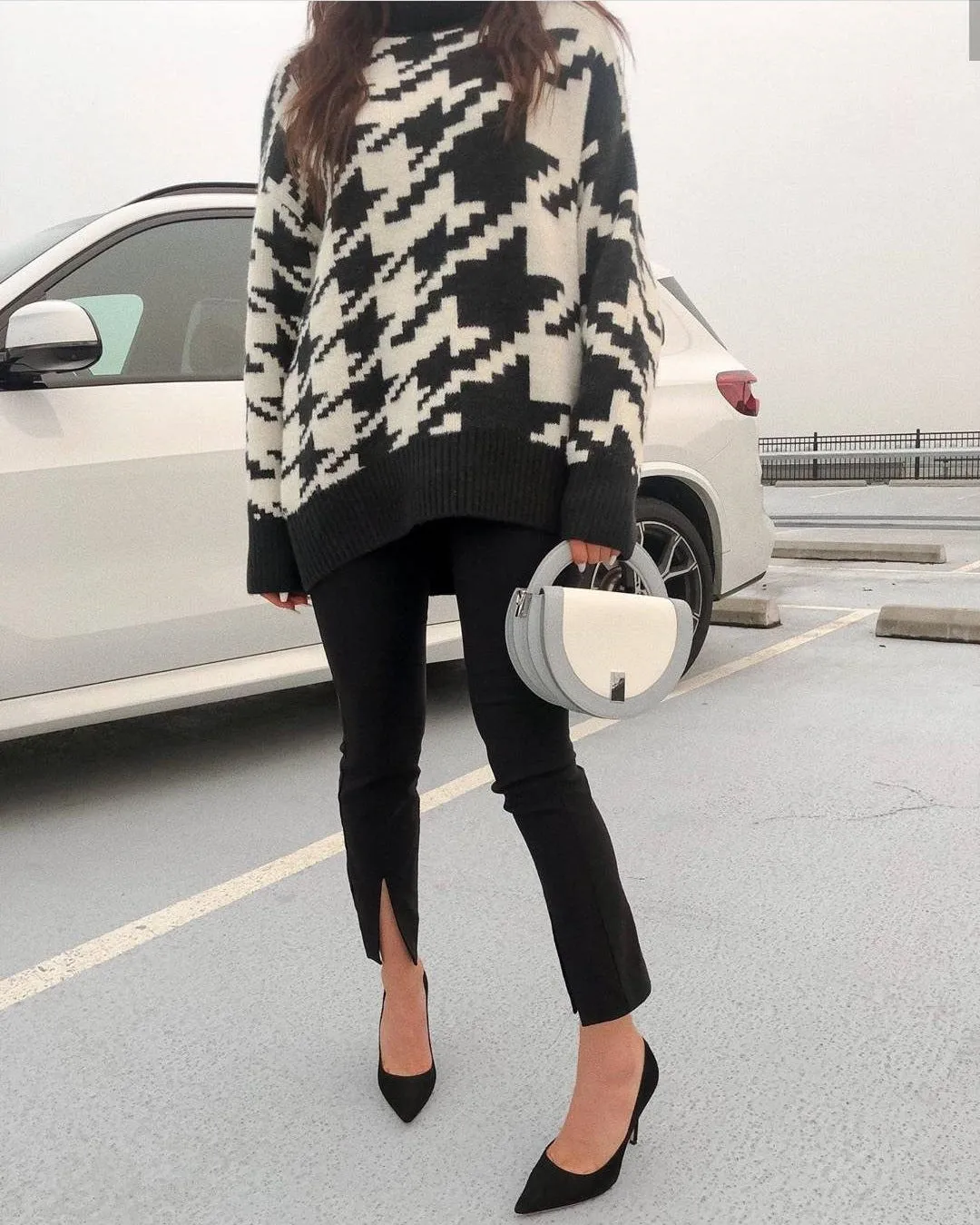 Geometric Shape Houndstooth Knit Vintage Sweater