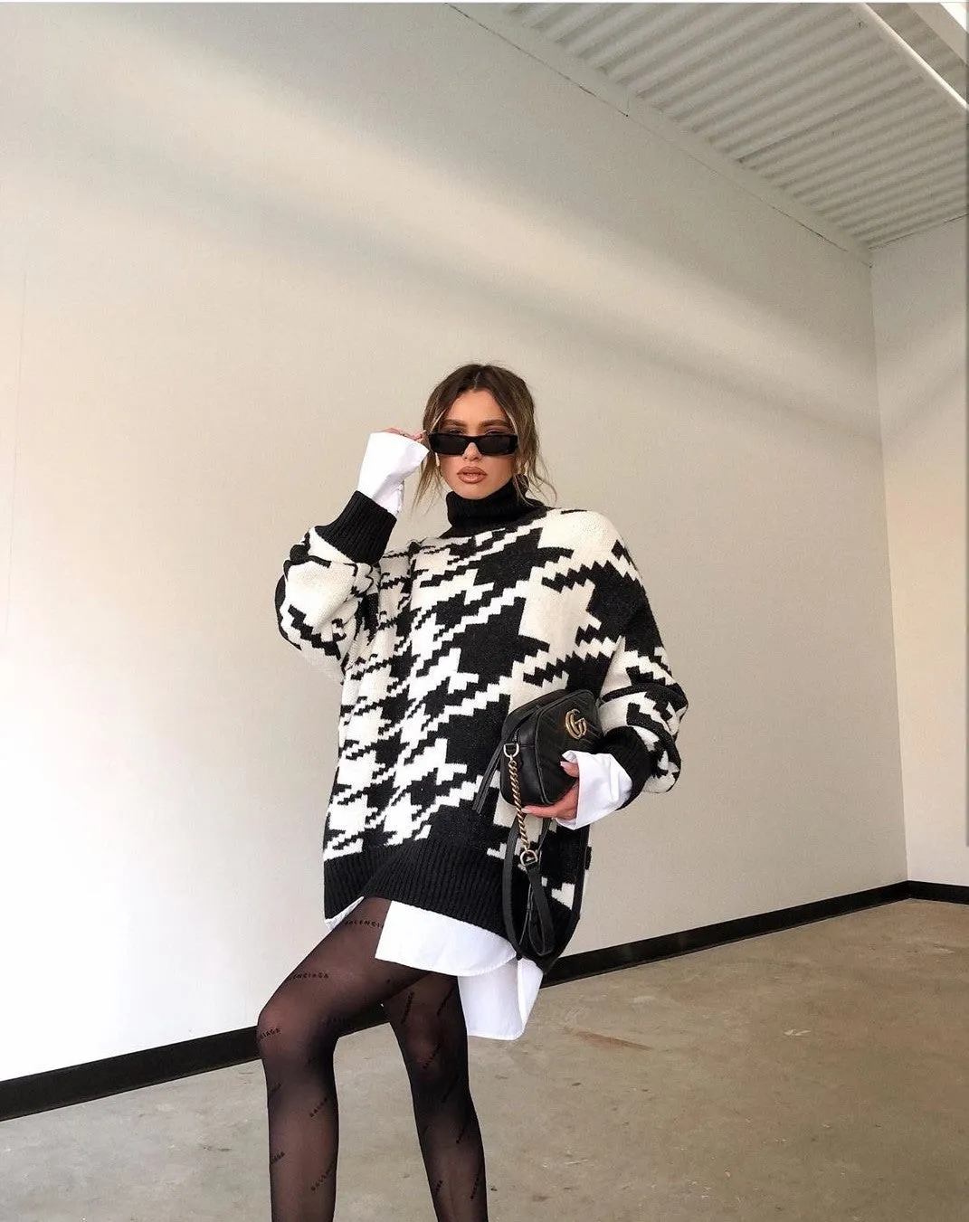 Geometric Shape Houndstooth Knit Vintage Sweater