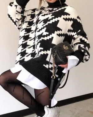 Geometric Shape Houndstooth Knit Vintage Sweater