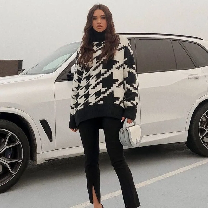 Geometric Shape Houndstooth Knit Vintage Sweater