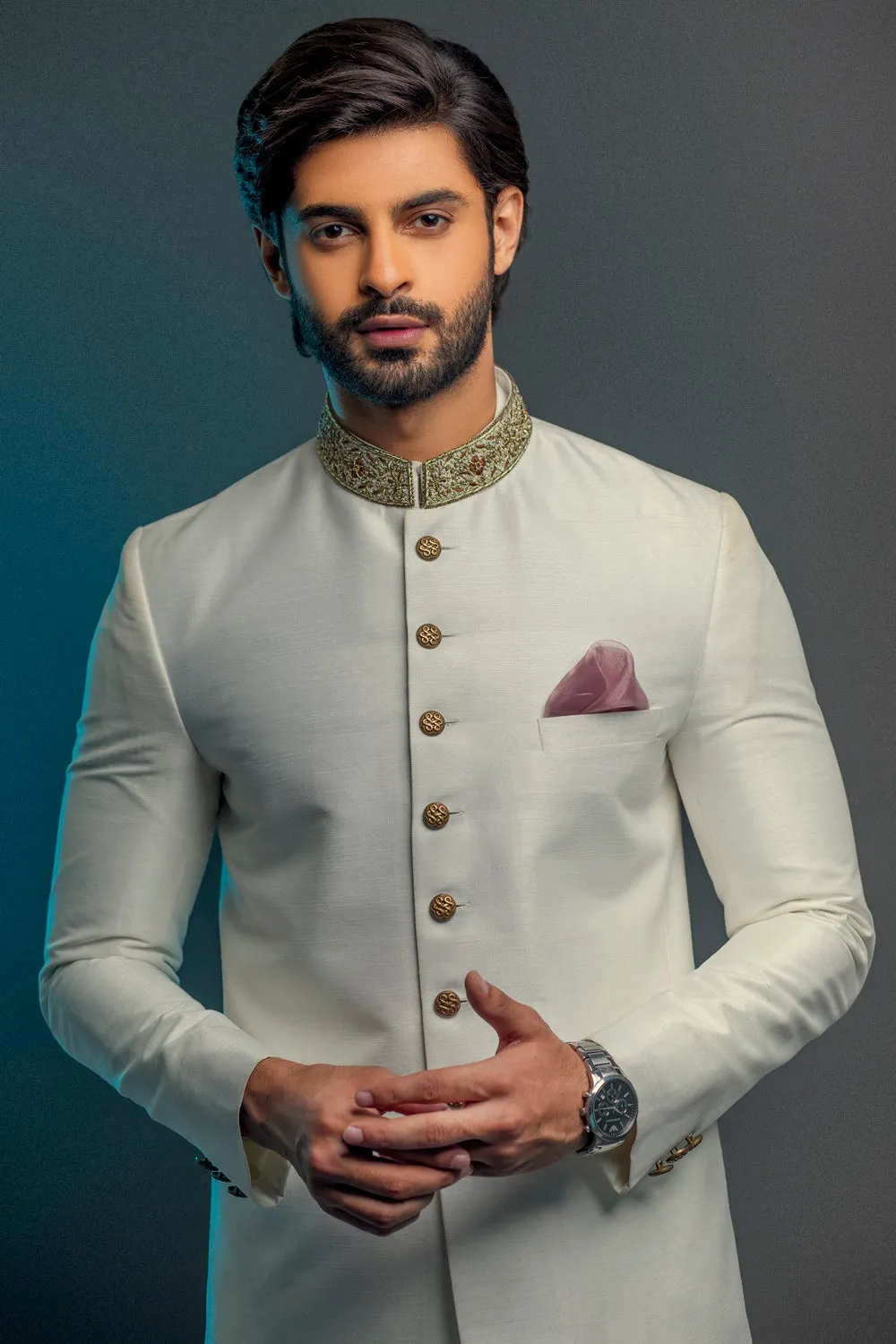 Golden Mens Sherwani Pakistani Designer Dress #GN77