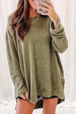 Green Waffle Knit High Slits Oversized Top