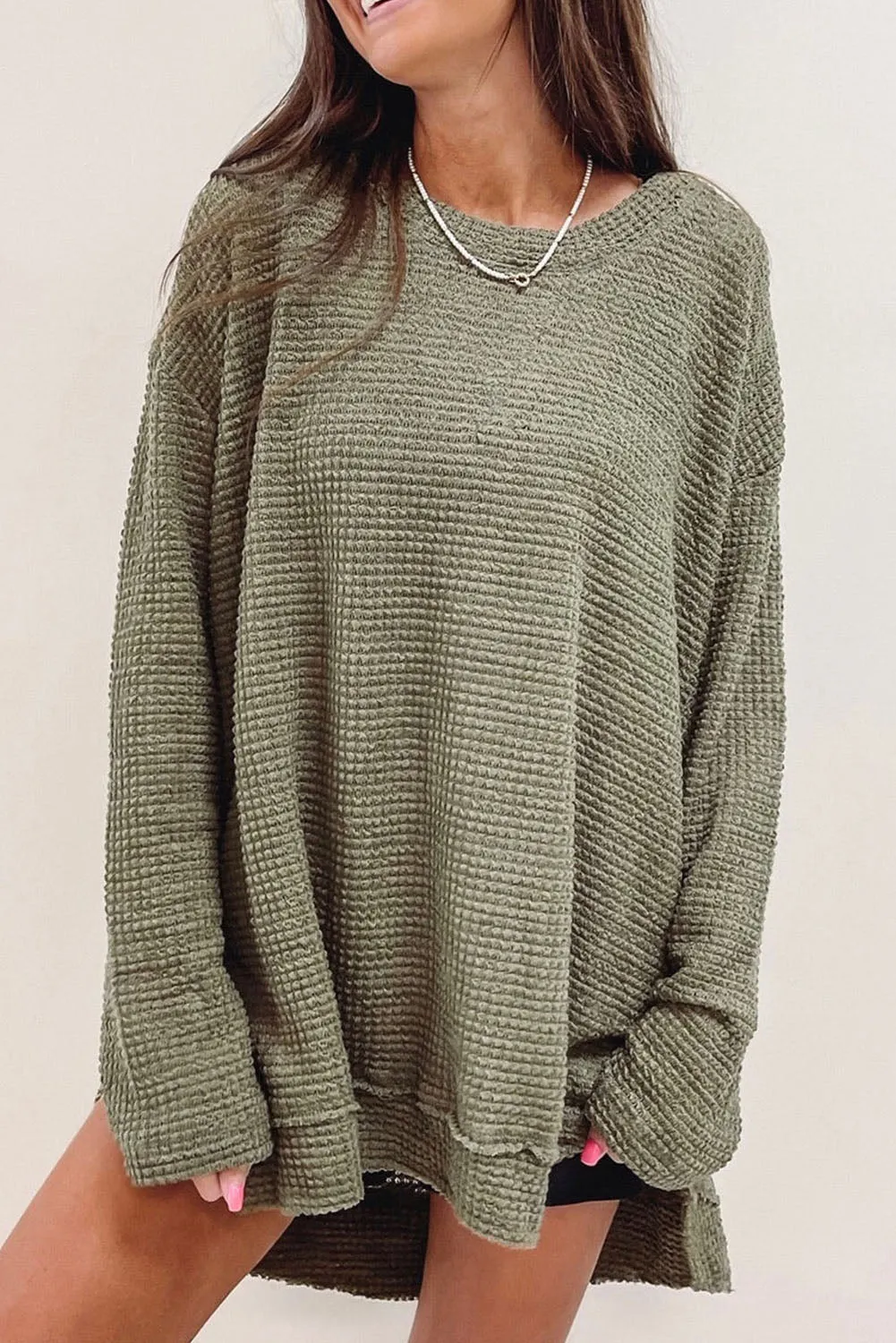 Green Waffle Knit High Slits Oversized Top