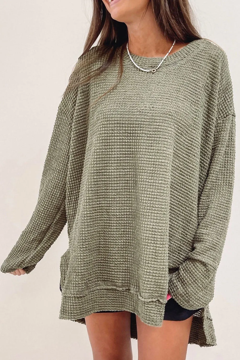 Green Waffle Knit High Slits Oversized Top