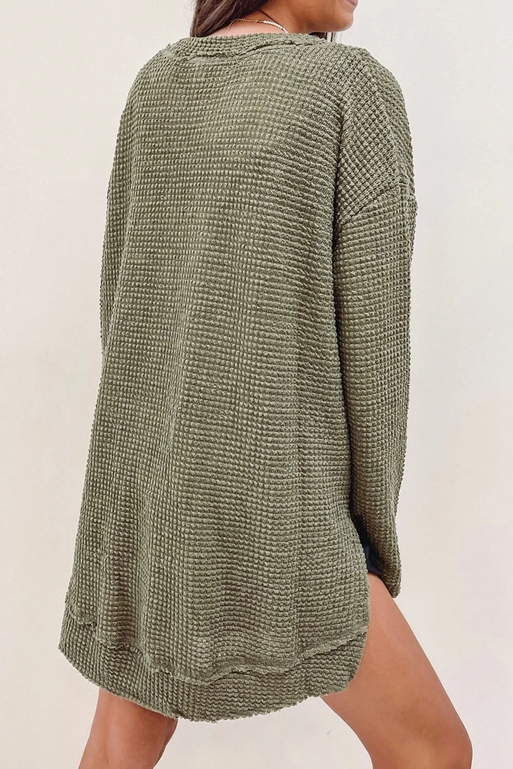 Green Waffle Knit High Slits Oversized Top