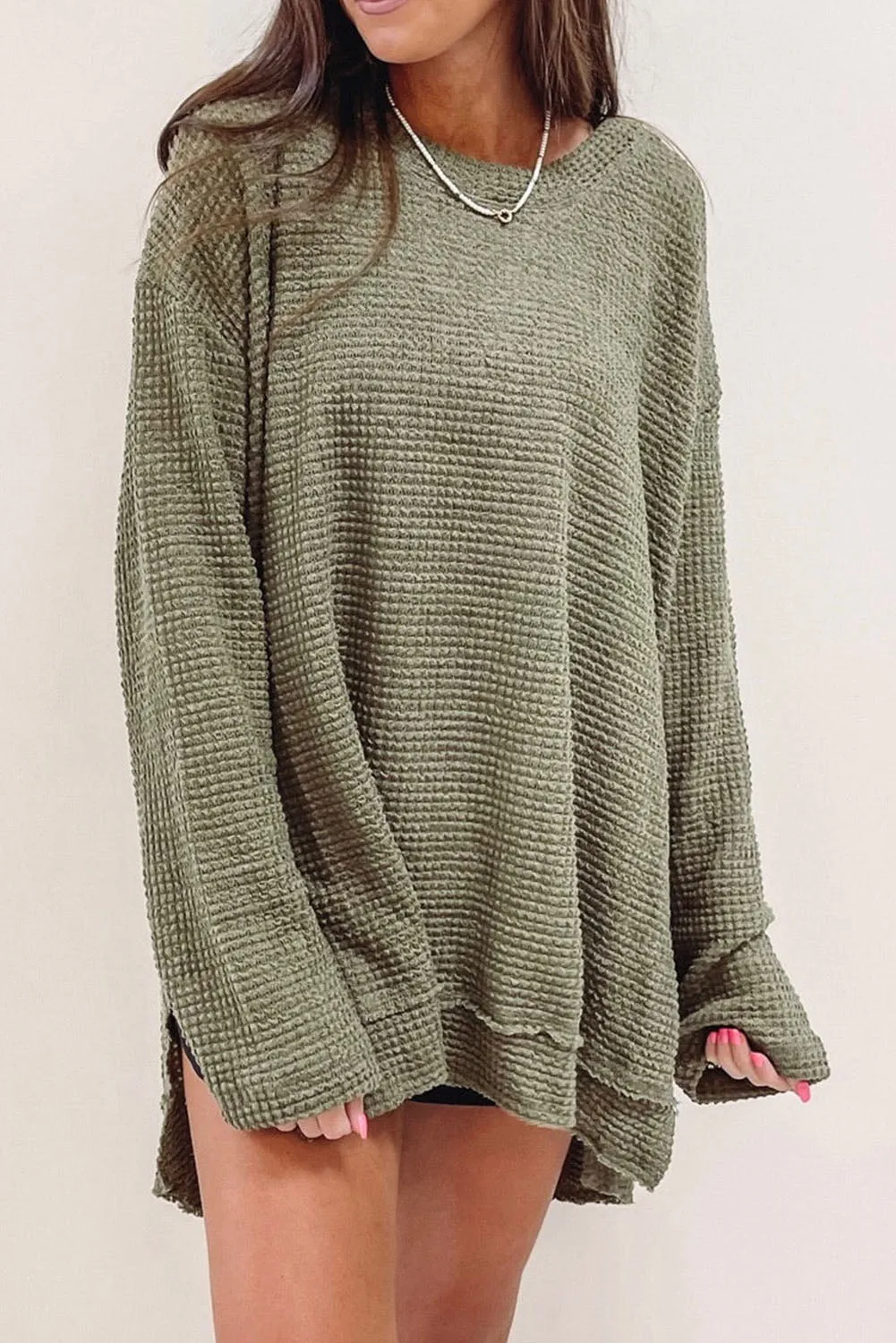 Green Waffle Knit High Slits Oversized Top