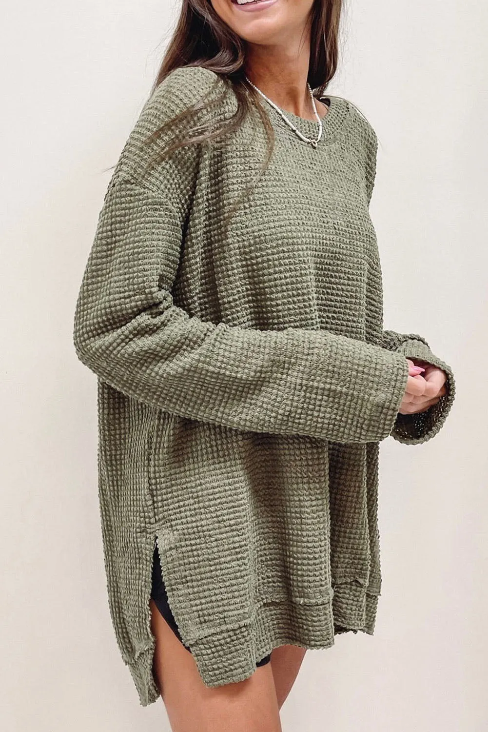 Green Waffle Knit High Slits Oversized Top