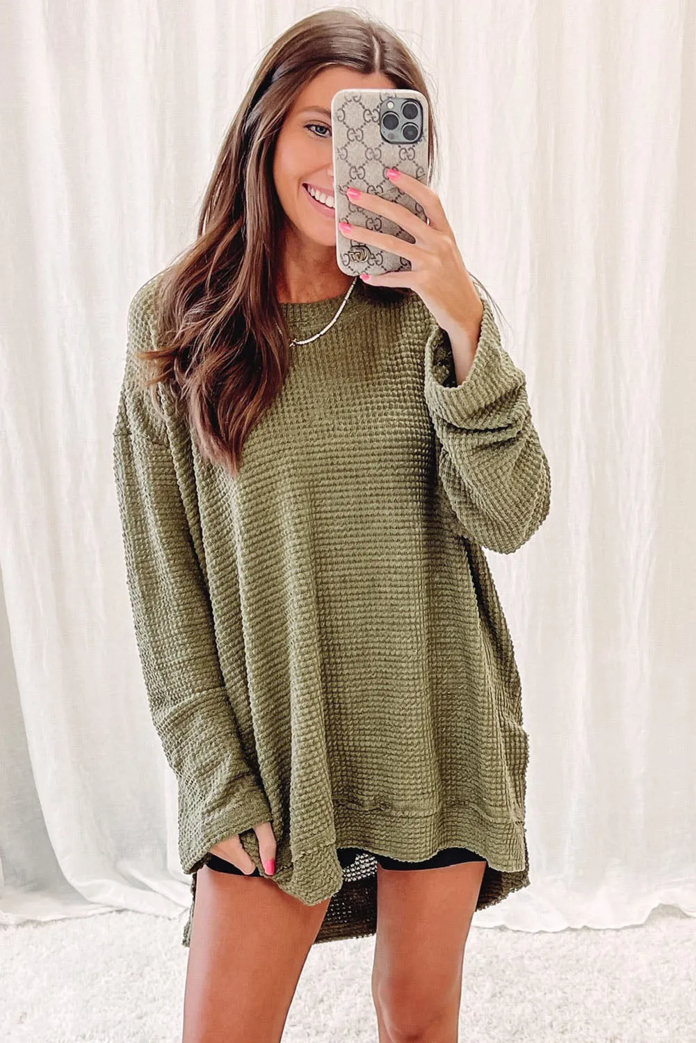 Green Waffle Knit High Slits Oversized Top