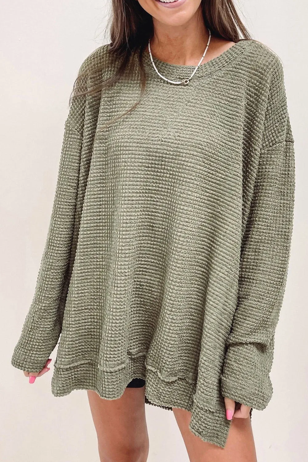Green Waffle Knit High Slits Oversized Top