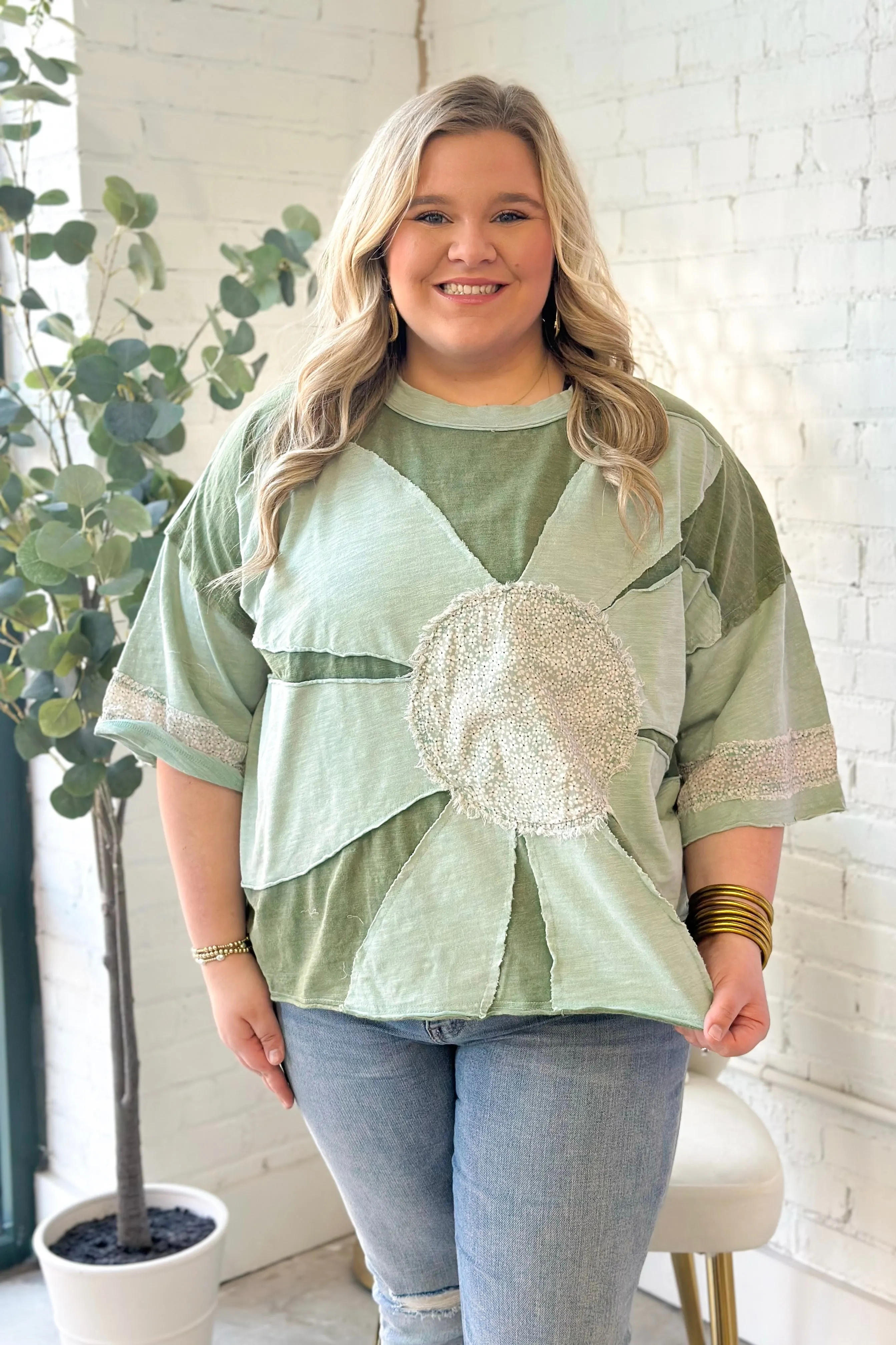 Green Washed Daisy Patch Top