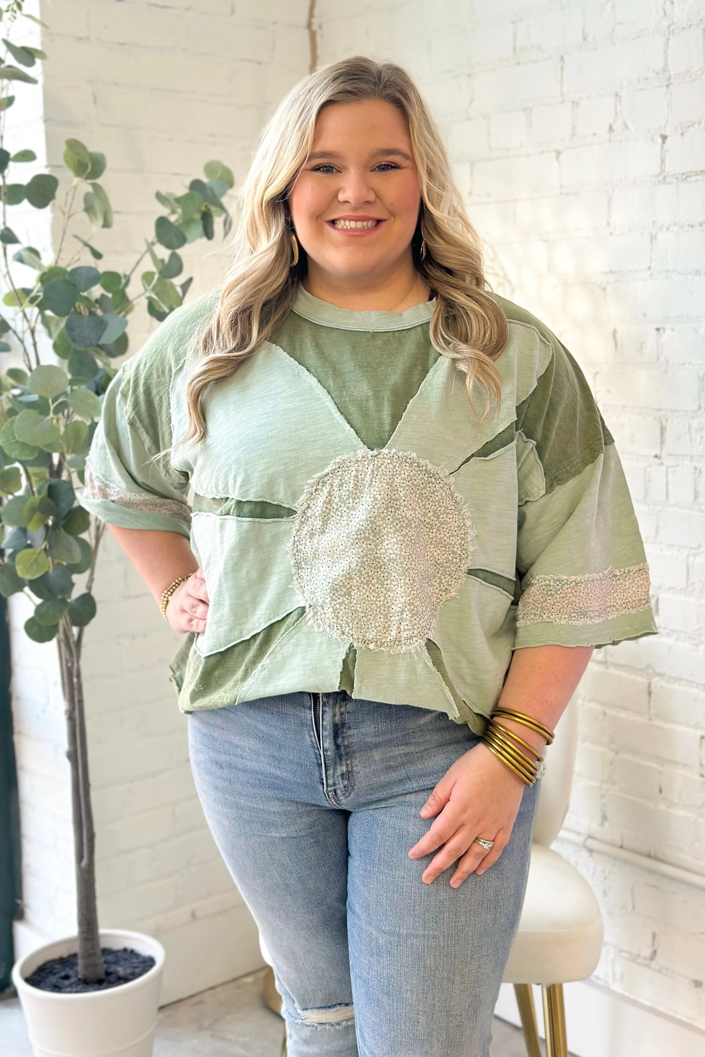 Green Washed Daisy Patch Top